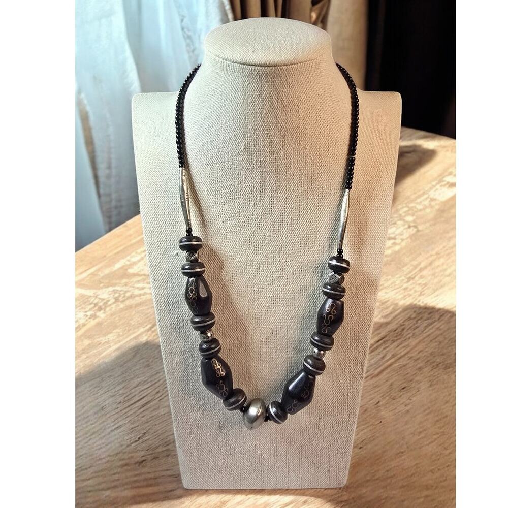 Artisan Wood Bead Statement Necklace Silver Accents Earthy Luxe Boho Necklace